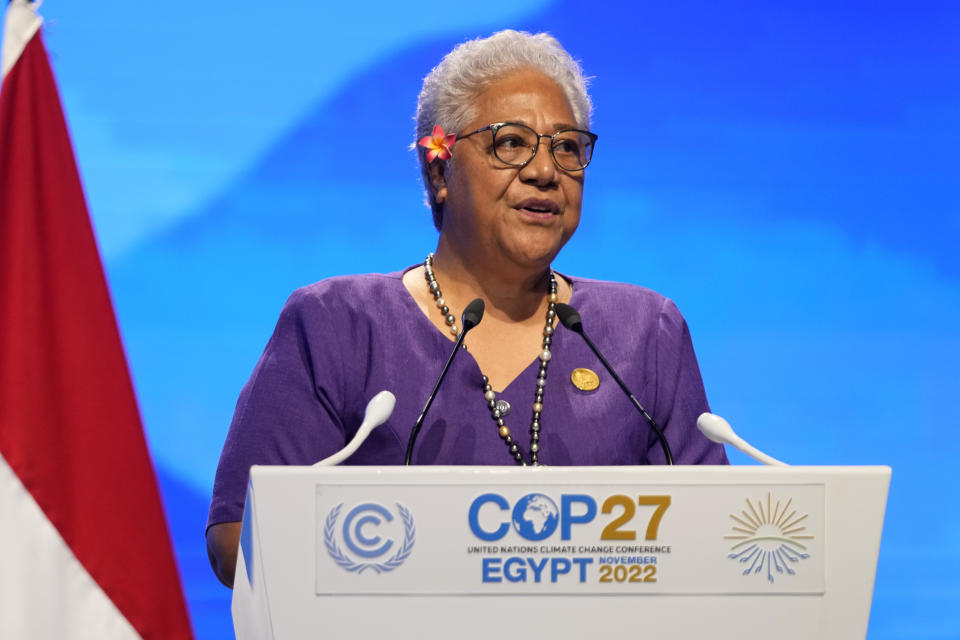 Fiame Naomi Mataafa, prime minister of Samoa, speaks at the COP27 U.N. Climate Summit, Tuesday, Nov. 15, 2022, in Sharm el-Sheikh, Egypt. (AP Photo/Peter Dejong)