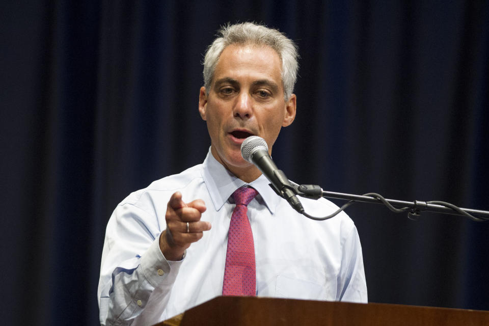 Chicago Mayor Rahm Emanuel speaks to members of the Safe Passage program during a training session at Chicago State University in Chicago, Wednesday, Aug. 21, 2013. (AP Photo/Scott Eisen)