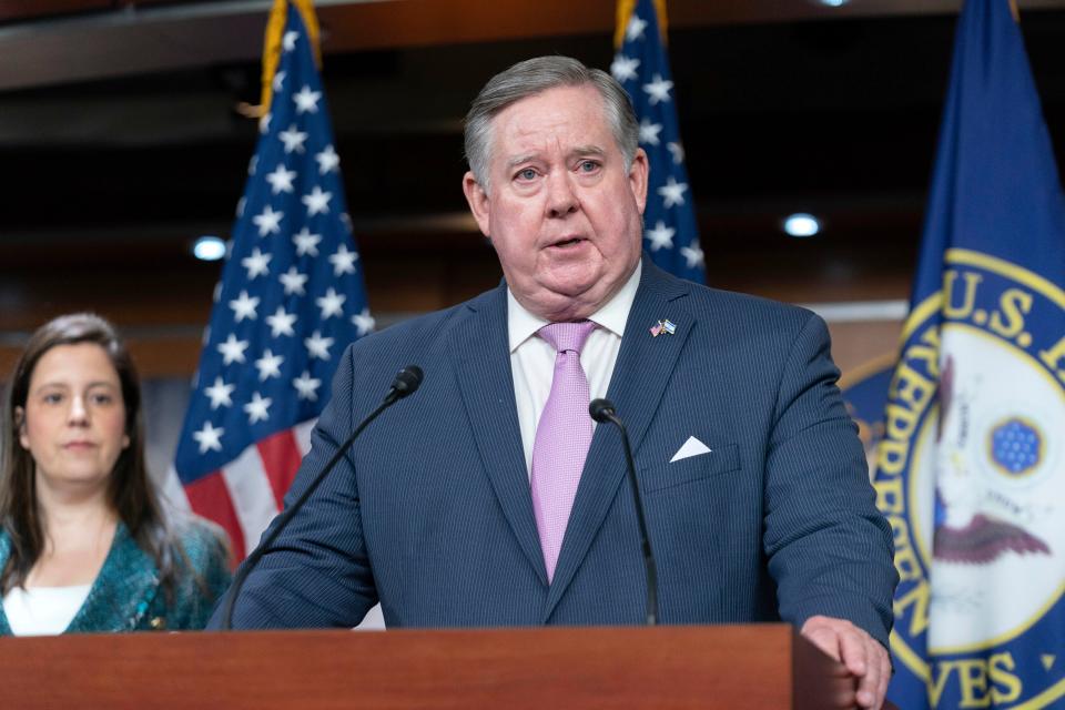 Rep. Ken Calvert, R-Calif., chairman of the House Appropriations Subcommittee on Defense, speaks during a news conference on Capitol Hill in Washington, Tuesday, Feb. 6, 2024.