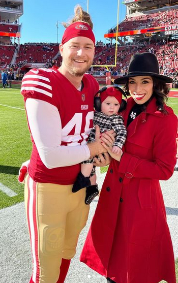 San Francisco 49ers long-snapper Taybor Pepper with his wife, Haley, and their child. Pepper is playing in the Super Bowl on Sunday, Feb. 11, 2024.