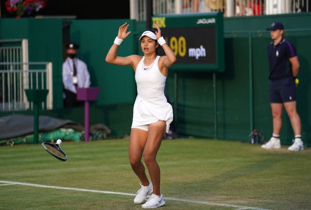 Emma Raducanu reacts after achieving the biggest win of her career against Marketa Vondrousova to reach the third round at Wimbledon 