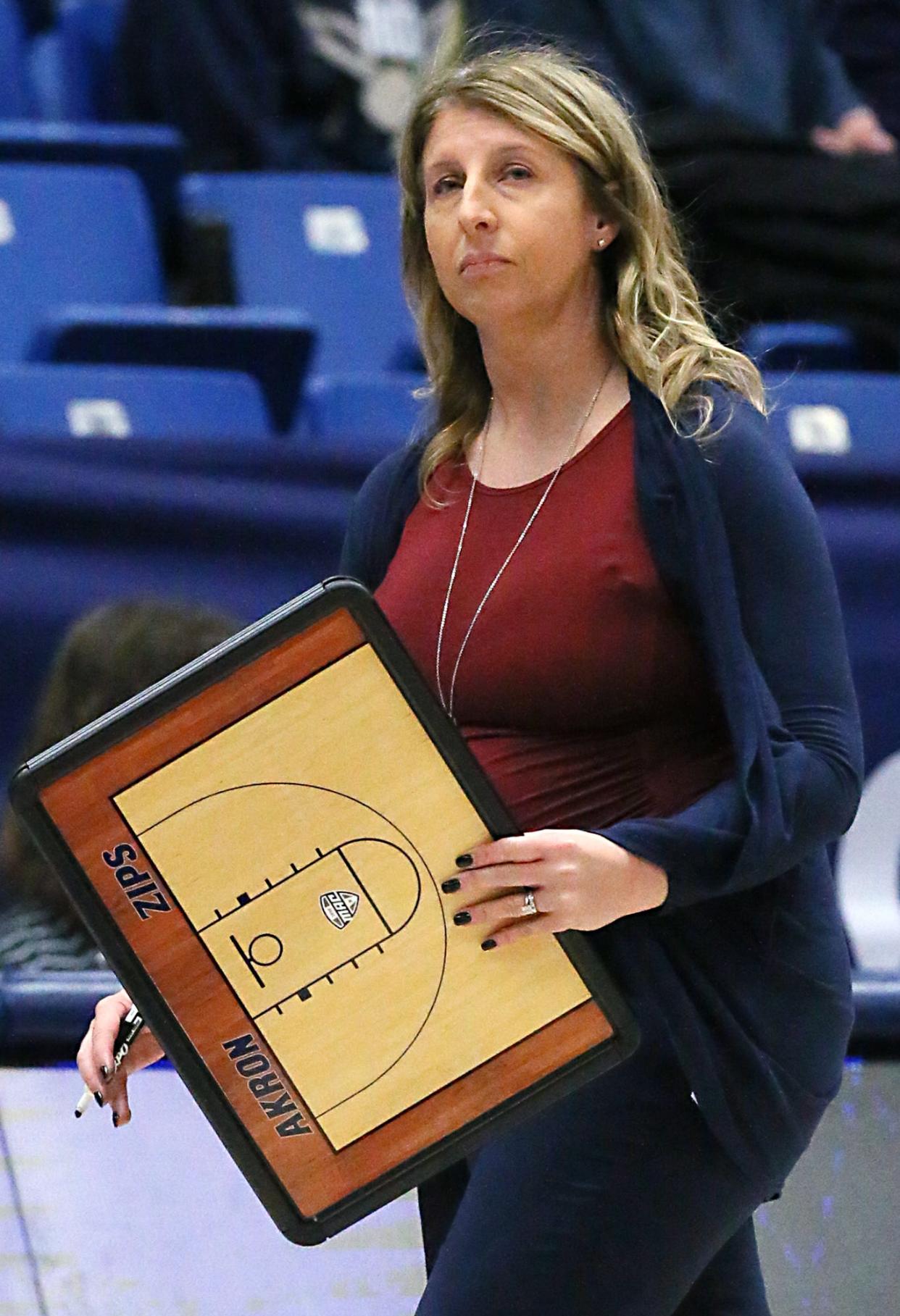 Former Akron women's basketball head coach Melissa Jackson paces during a home game against Kent State during the 2022-23 season.