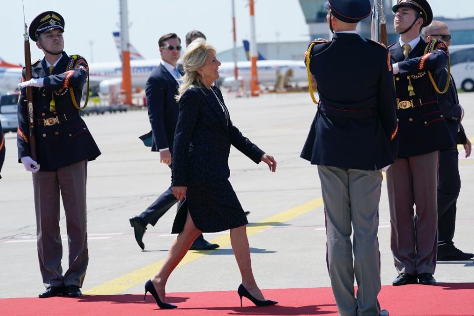 Jill Biden walks towards her plane to depart the Bratislava “M. R. Stefanik” Airport in Slovakia on May 9, 2022. - Credit: AP Photo/Susan Walsh, Pool
