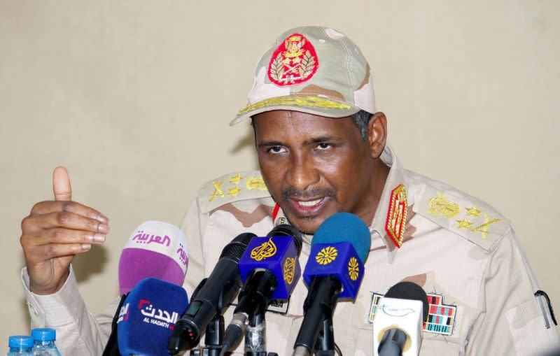 Lieutenant General Mohamed Hamdan Dagalo, deputy head of the military council and head of the RSF, addresses a news conference in Juba