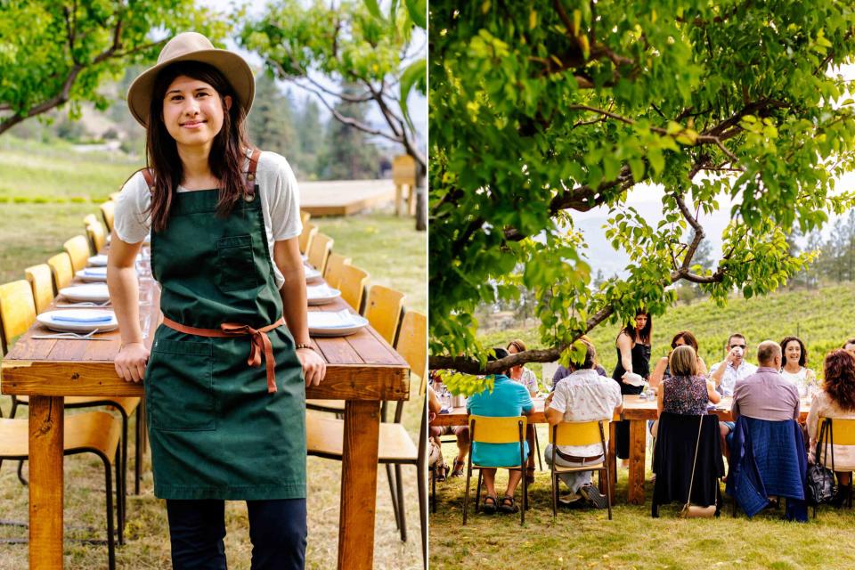 <p>Jon Adrian</p> Chef Aman Dosanj at the table of a pop-up dinner; Amanâ€™s mom, Jas, looking after guests