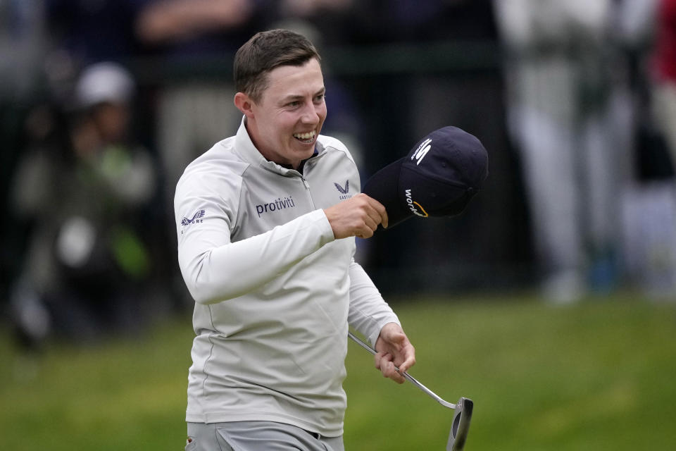 Matthew Fitzpatrick, of England, reacts after winning the U.S. Open golf tournament at The Country Club, Sunday, June 19, 2022, in Brookline, Mass. (AP Photo/Robert F. Bukaty)