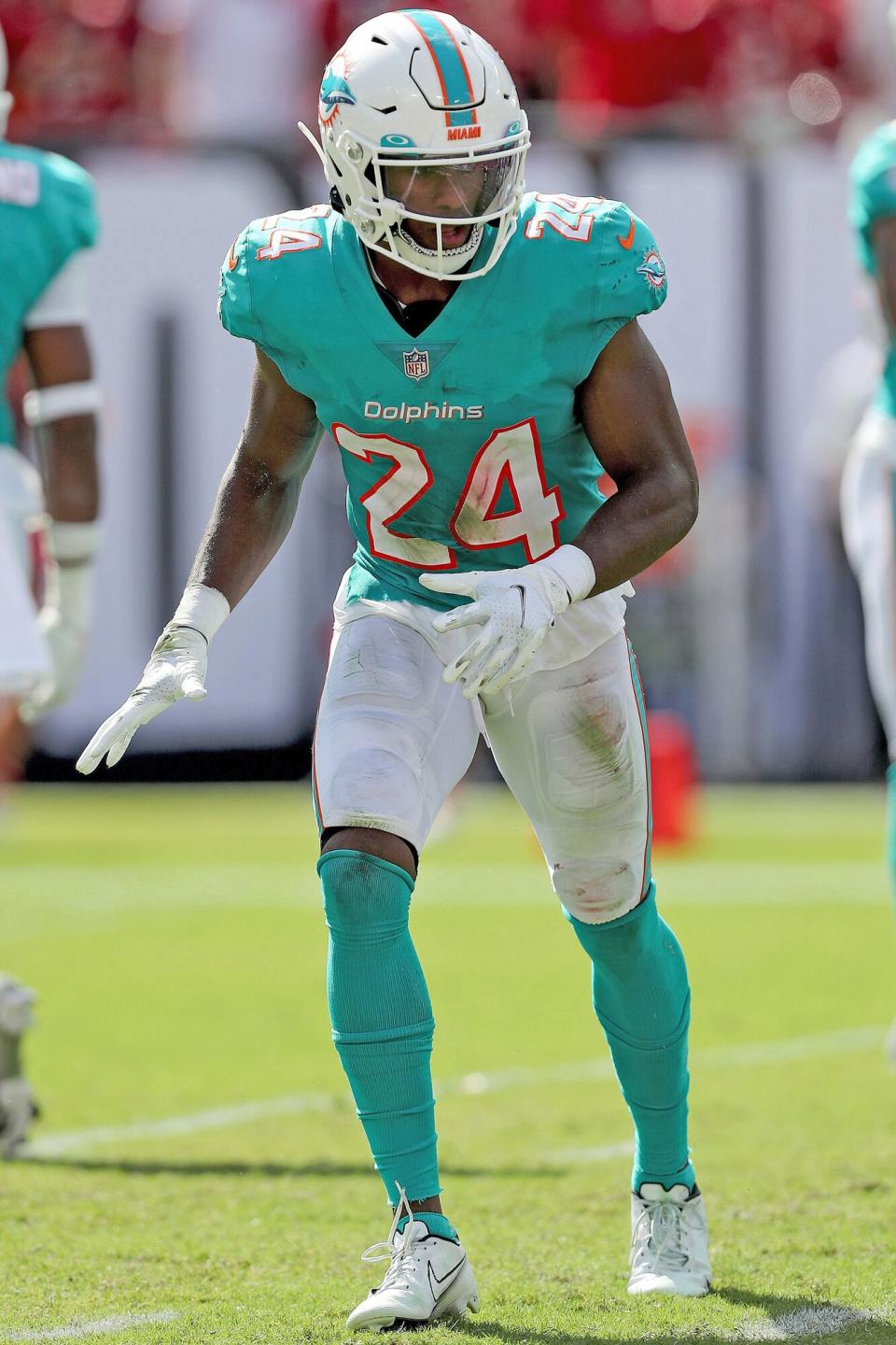 Miami Dolphins cornerback Byron Jones (24) steps to the line during a NFL football game, in Tampa, Fla Dolphins Buccaneers Football, Tampa, United States - 10 Oct 2021