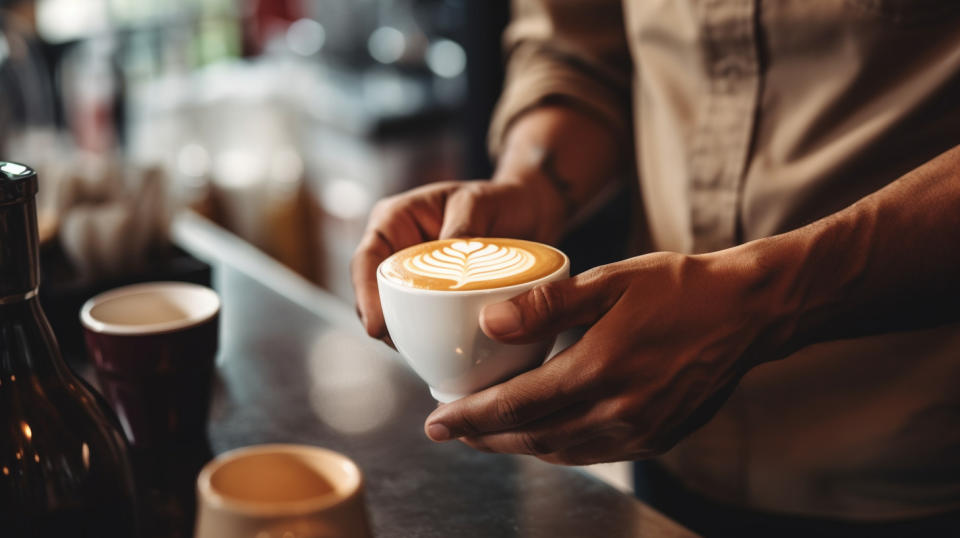 A close up of a barista pouring freshly made coffee to a happy customer in a cafe.