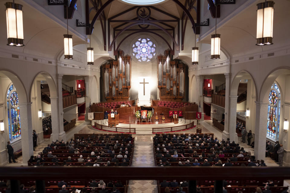 Julie Isakson remembers her late father, former Sen. Johnny Isakson, during a funeral service at Peachtree Road United Methodist Church, Thursday afternoon, Jan. 6, 2022, in Atlanta. Isakson, 76, died Dec. 19, 2021, at his home in Atlanta. (Ben Gray/Atlanta Journal-Constitution via AP)