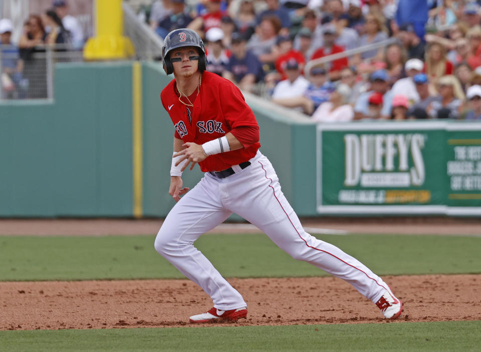 Brett Netzer of the Boston Red Sox runs from first base to third against the Tampa Bay Rays during fifth inning action on February 22, 2020 at JetBlue Park in Fort Myers, Florida.  / Credit: Joel Auerbach / Getty Images