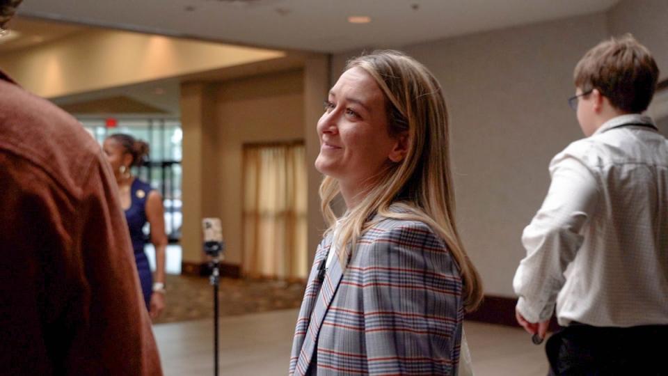 Anderson Clayton, 26, catches up with her fellow young Democrats at the Young Democrats of North Carolina Convention (Julia Saqui)