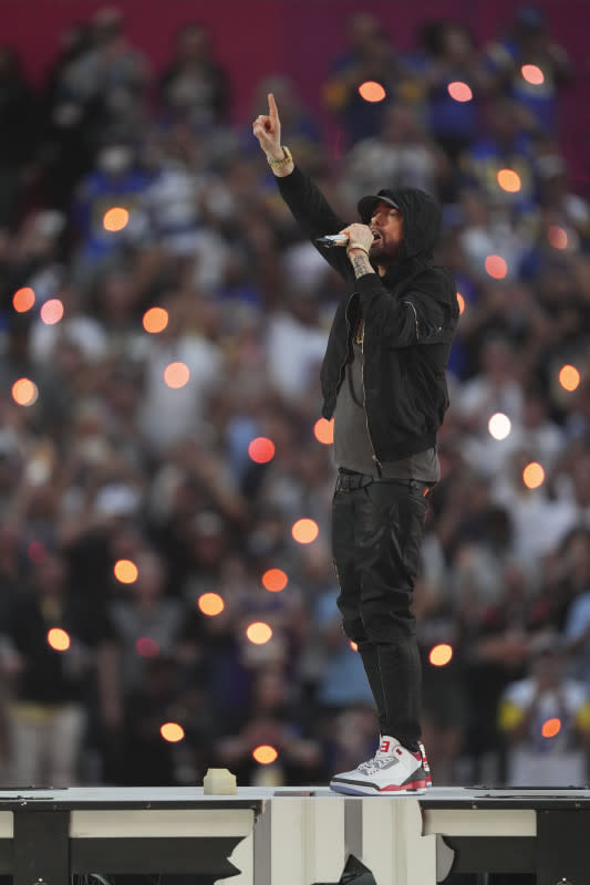 Eminem performs in the Pepsi Halftime Show during the NFL Super Bowl LVI football game between the Cincinnati Bengals and the Los Angeles Rams at SoFi Stadium on Feb. 13, 2022, in Inglewood, California.<p>Cooper Neill/Getty Images</p>