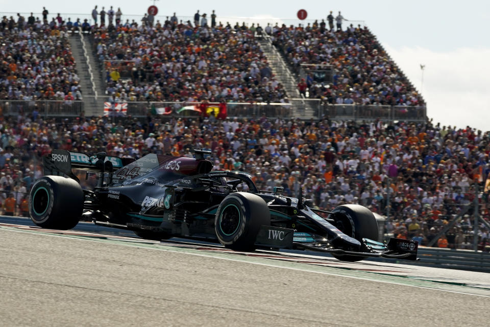 Mercedes driver Lewis Hamilton, of Britain, races during the Formula One U.S. Grand Prix auto race at the Circuit of the Americas, Sunday, Oct. 24, 2021, in Austin, Texas. (AP Photo/Eric Gay)