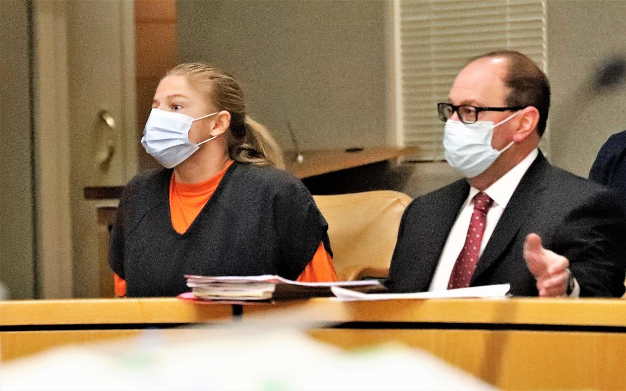 Fawn Fire arson suspect Alexandra Souverneva, left, appears in Shasta County Superior Court with her attorney, Gregg Cohen, on Tuesday, Nov. 16, 2021. Based on two psychogical reports, Judge Adam Ryan found Souverneva presently incompetent to stand trial and referred her to a state conditional release program for a placement evaluation.