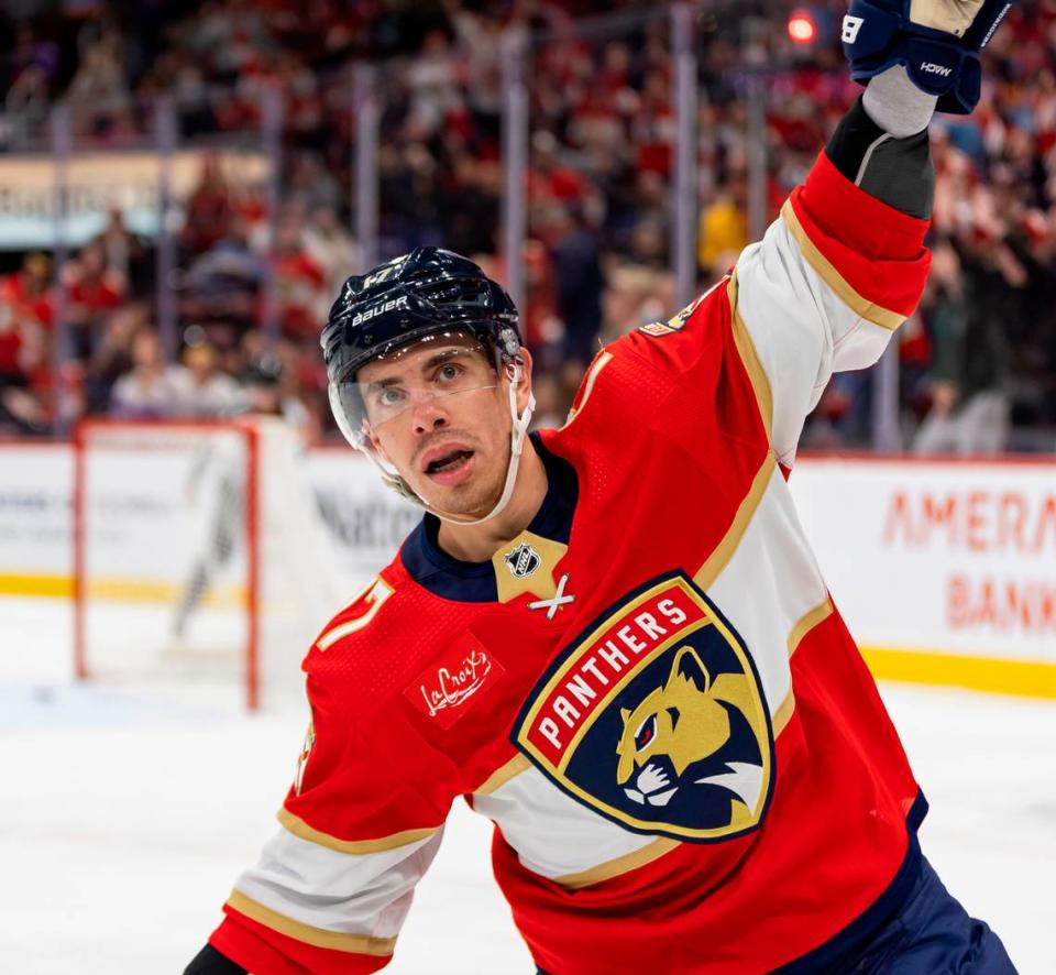 Florida Panthers center Evan Rodrigues (17) celebrates after scoring a goal against the Dallas Stars in the first period of their NHL game at the Amerant Bank Arena on Wednesday, Dec. 6, 2023, in Sunrise, Fla.