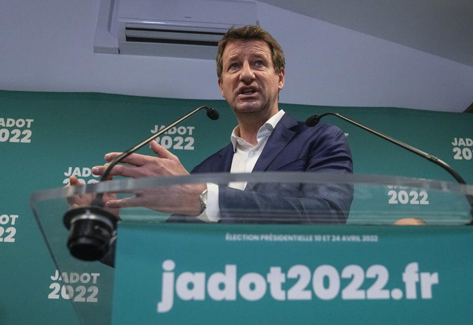 French Green Party presidential candidate for the 2022 election Yannick Jadot gestures as he speaks during a media conference tin Paris, Friday, Dec. 17, 2021. The first round of the 2022 French presidential election will be held on April 10, 2022 and the second round on April 24, 2022. (AP Photo/Michel Euler)