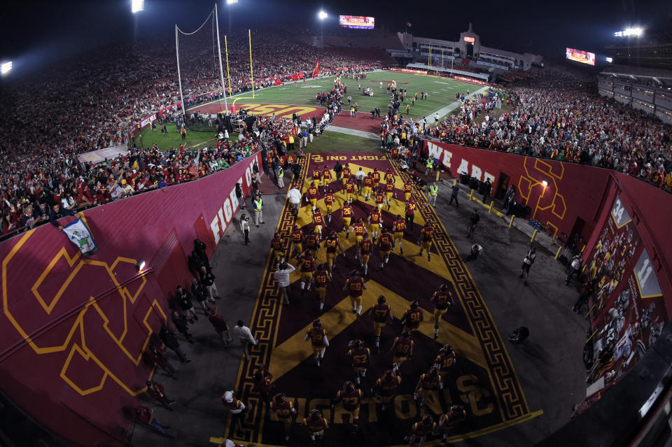 USC takes the field during a college football game between the Notre Dame Fighting Irish and the USC Trojans on November 24, 2018, at the Los Angeles Memorial Coliseum. (Getty)