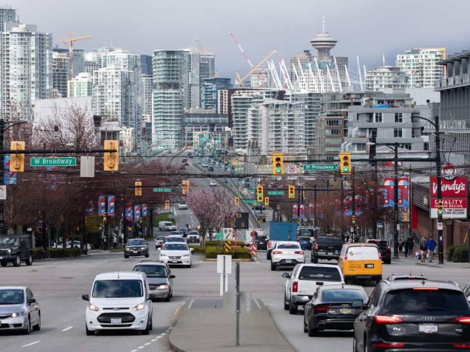 A stretch of Broadway is pictured in Vancouver. The Broadway Plan seeks to guide development decisions around the extension.  (Maggie MacPherson/CBC - image credit)