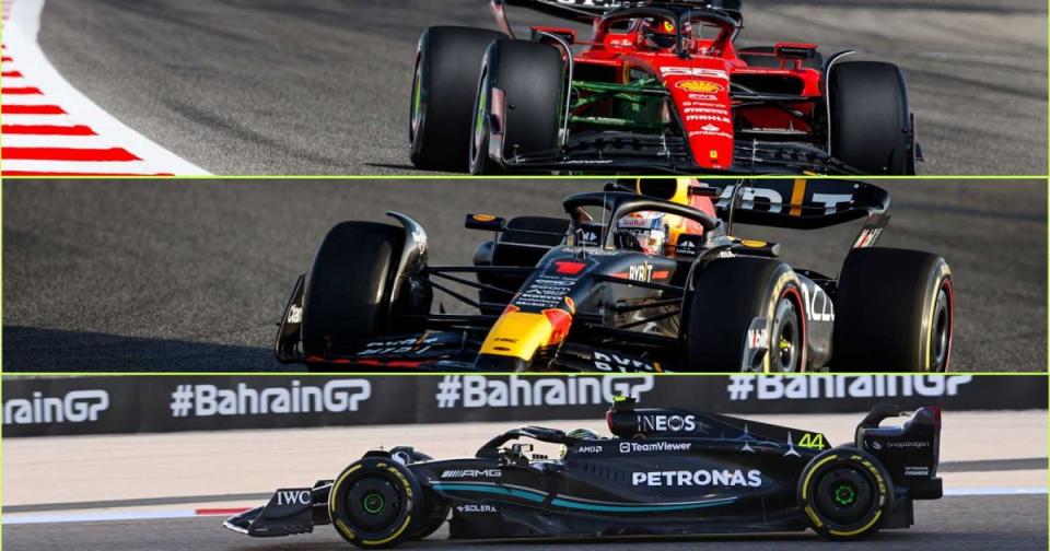 Ferrari, Red Bull, Mercedes split. Bahrain February 2023 F1 fans. Credit: Alamy