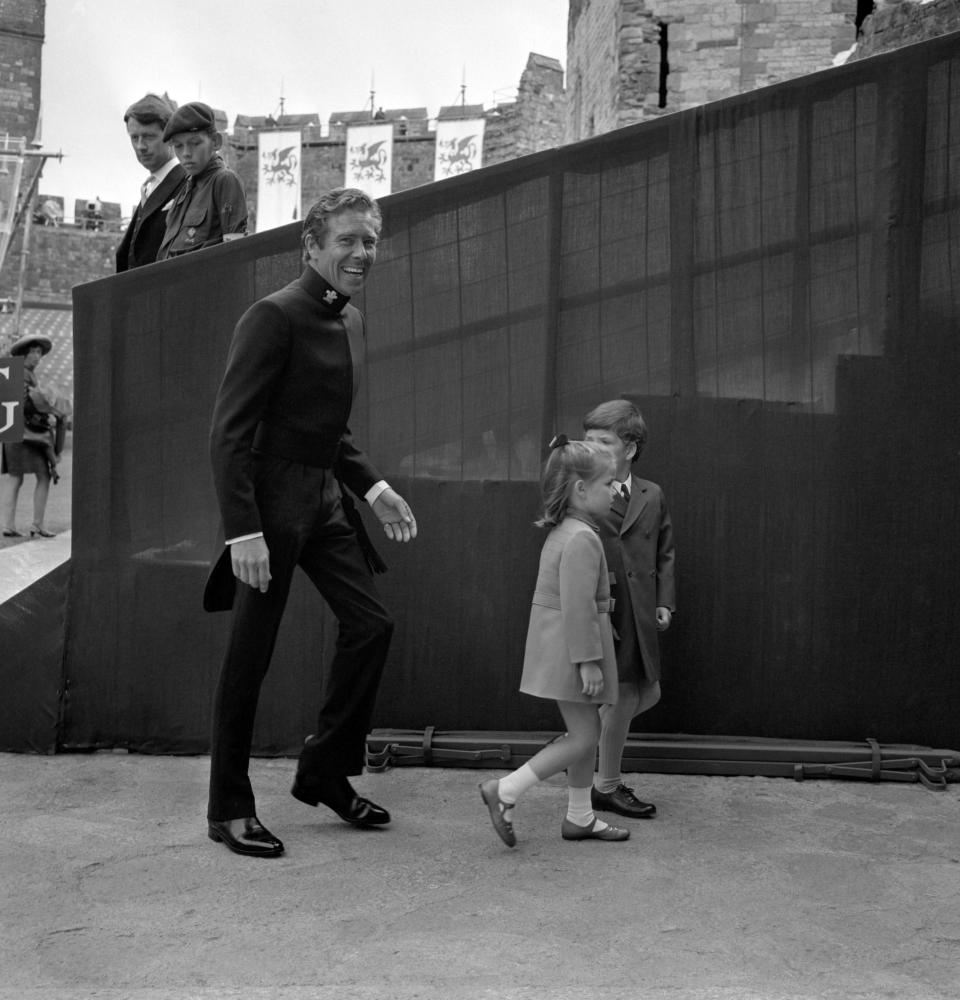 Lord Snowdon with his children Viscount Linley and Lady Sarah Armstrong-Jones arriving at Caernarfon Castle for the investiture of the Prince of Wales.