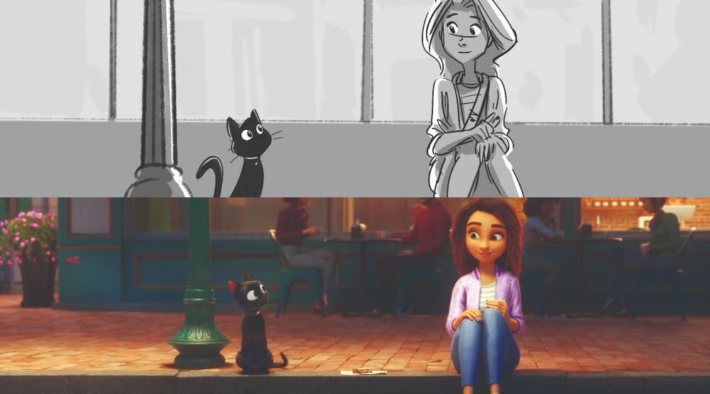 An early sketch and a finished still from Luck, featuring lead character Sam (voiced by Eva Noblezada), who meets a mysterious black cat that introduces her to the Land of Luck.