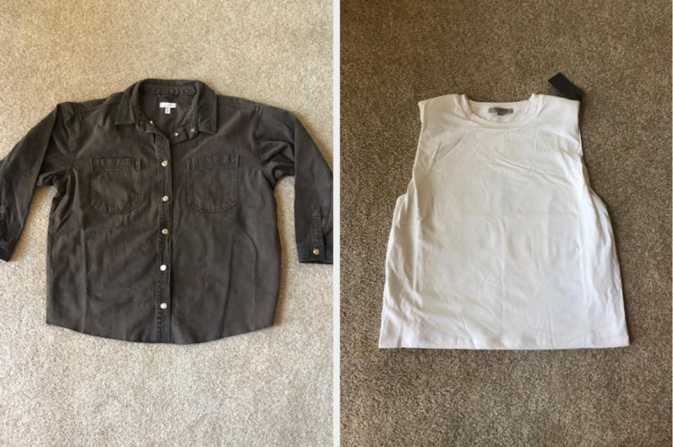 Brown denim shirt and a white tank top