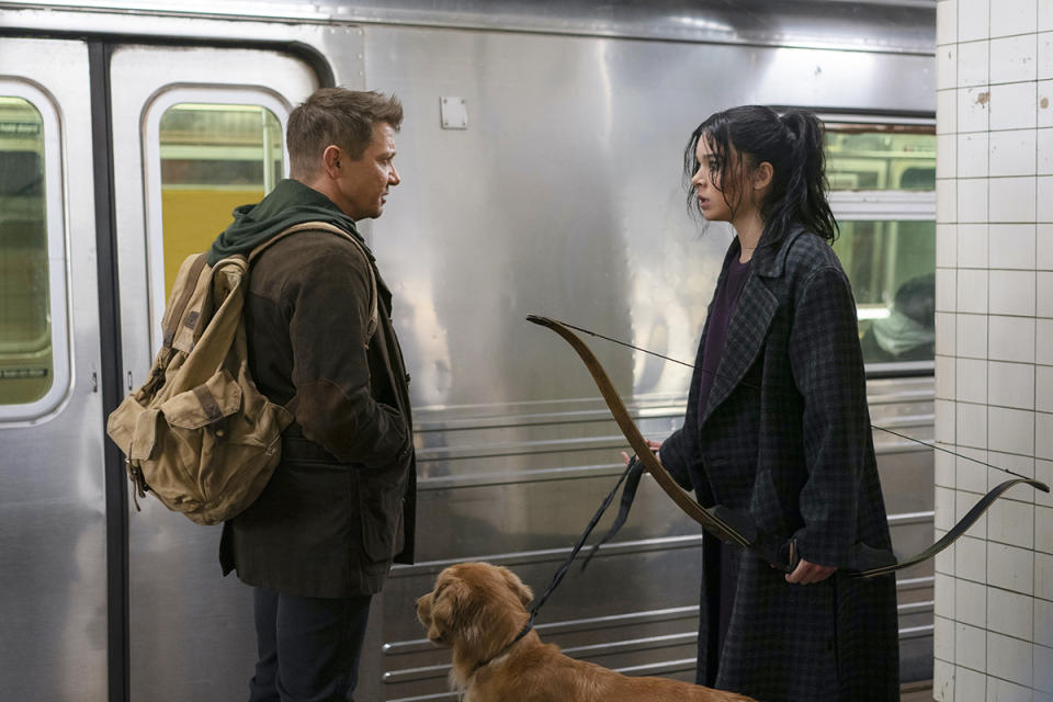 Jeremy Renner and Hailee Steinfeld in a scene from Hawkeye