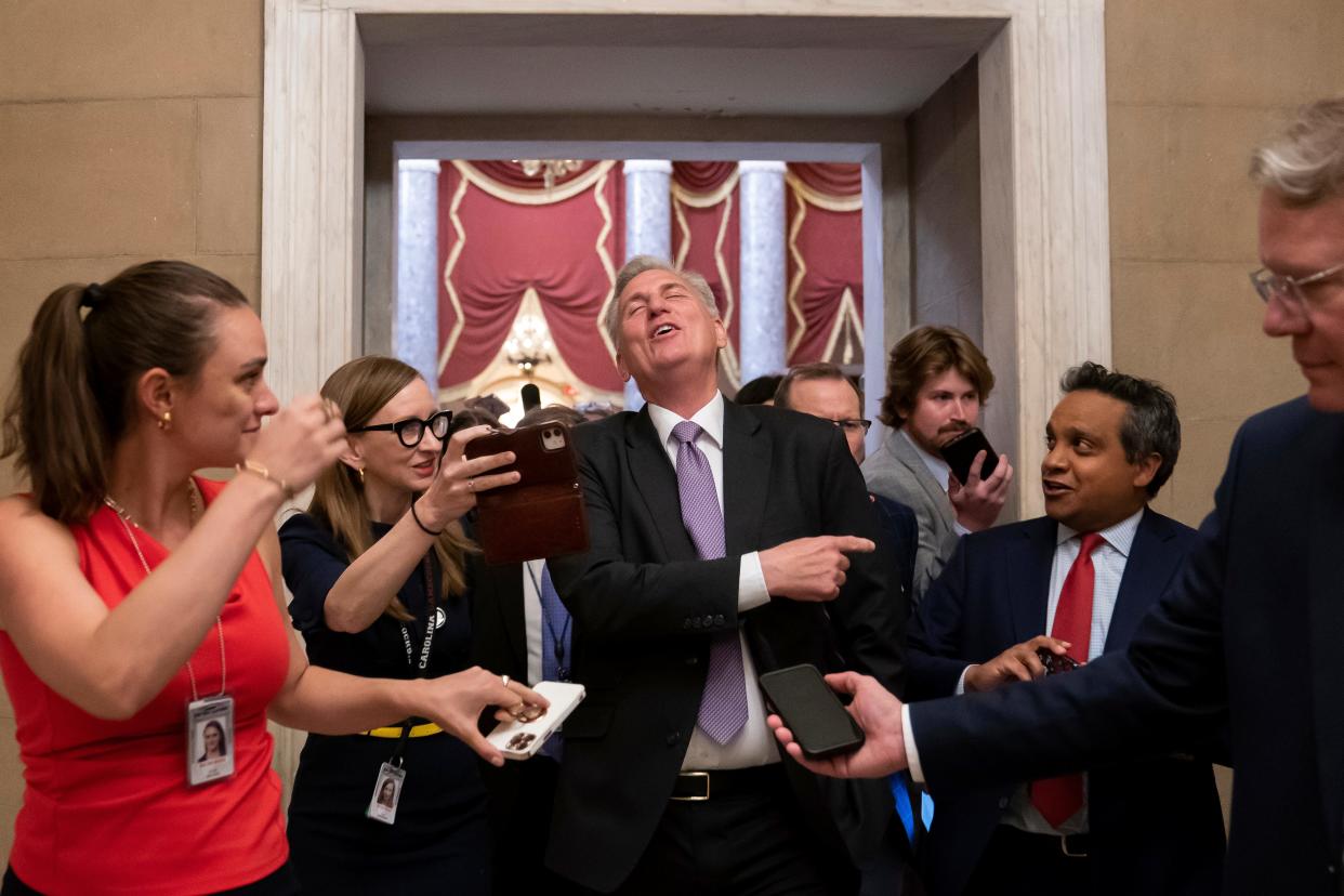 House Speaker Kevin McCarthy reacts to a reporter's question after a vote on HR 2, a bill to build more U.S.-Mexico border wall and impose new restrictions on asylum-seekers.