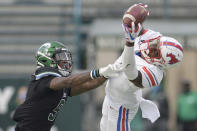 SMU wide receiver Danny Gray, right, makes a catch against Tulane cornerback Jaylon Monroe (9) during an NCAA college football game in New Orleans, Friday, Oct. 16, 2020. (AP Photo/Matthew Hinton)