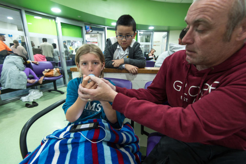 Jaxon Dowal with father Chris Dowal in the emergency at Sunshine Hospital. 