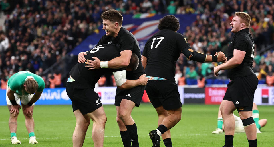 Seen here, All Blacks players celebrate after their quarter-final win over Ireland.