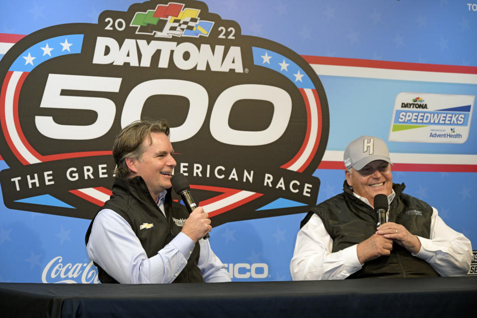 Car owners Jeff Gordon, left, and Rick Hendrick answer questions during a news conference before two NASCAR Daytona 500 qualifying auto races at Daytona International Speedway, Thursday, Feb. 17, 2022, in Daytona Beach, Fla. (AP Photo/Phelan M. Ebenhack)
