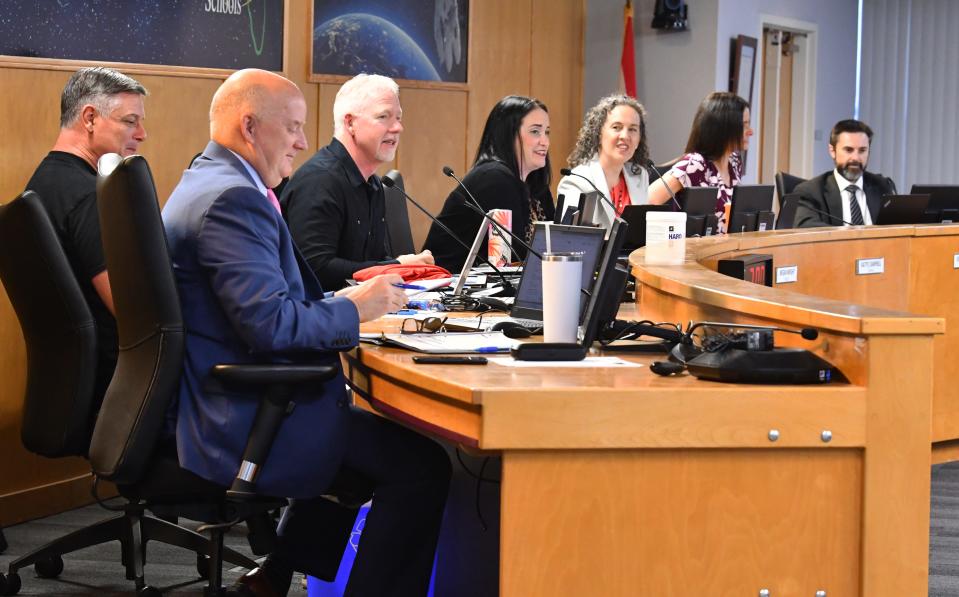 Brevard's school board, pictured at a February meeting.