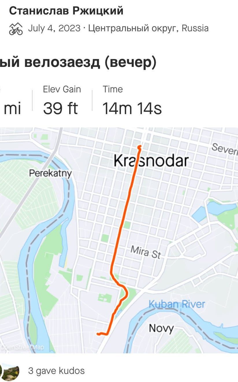 Screenshot des Strava-Übungstrackers, der ein Training des russischen U-Boot-Kommandanten Stanislav Rzhitsky zeigt