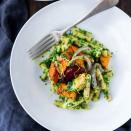 <p>We love using chickpea pasta in this quick and easy dinner recipe, but other bean pastas or whole-wheat noodles are just as good with this fresh and zesty pesto sauce.</p>