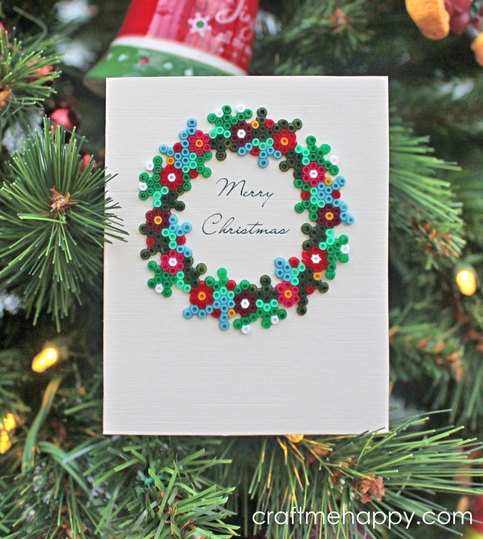 christmas card with beaded wreath on front (Craft Me Happy)