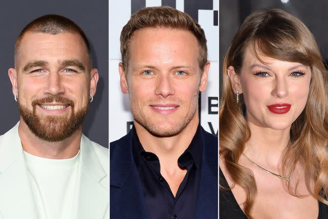 <p>JC Olivera/Getty; Theo Wargo/Getty;  James Devaney/GC Images</p> Travis Kelce; Sam Heughan; Taylor Swift