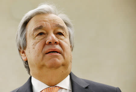 U.N. Secretary-General Antonio Guterres addresses the Human Rights Council at the United Nations in Geneva, Switzerland February 26, 2018. REUTERS/Denis Balibouse