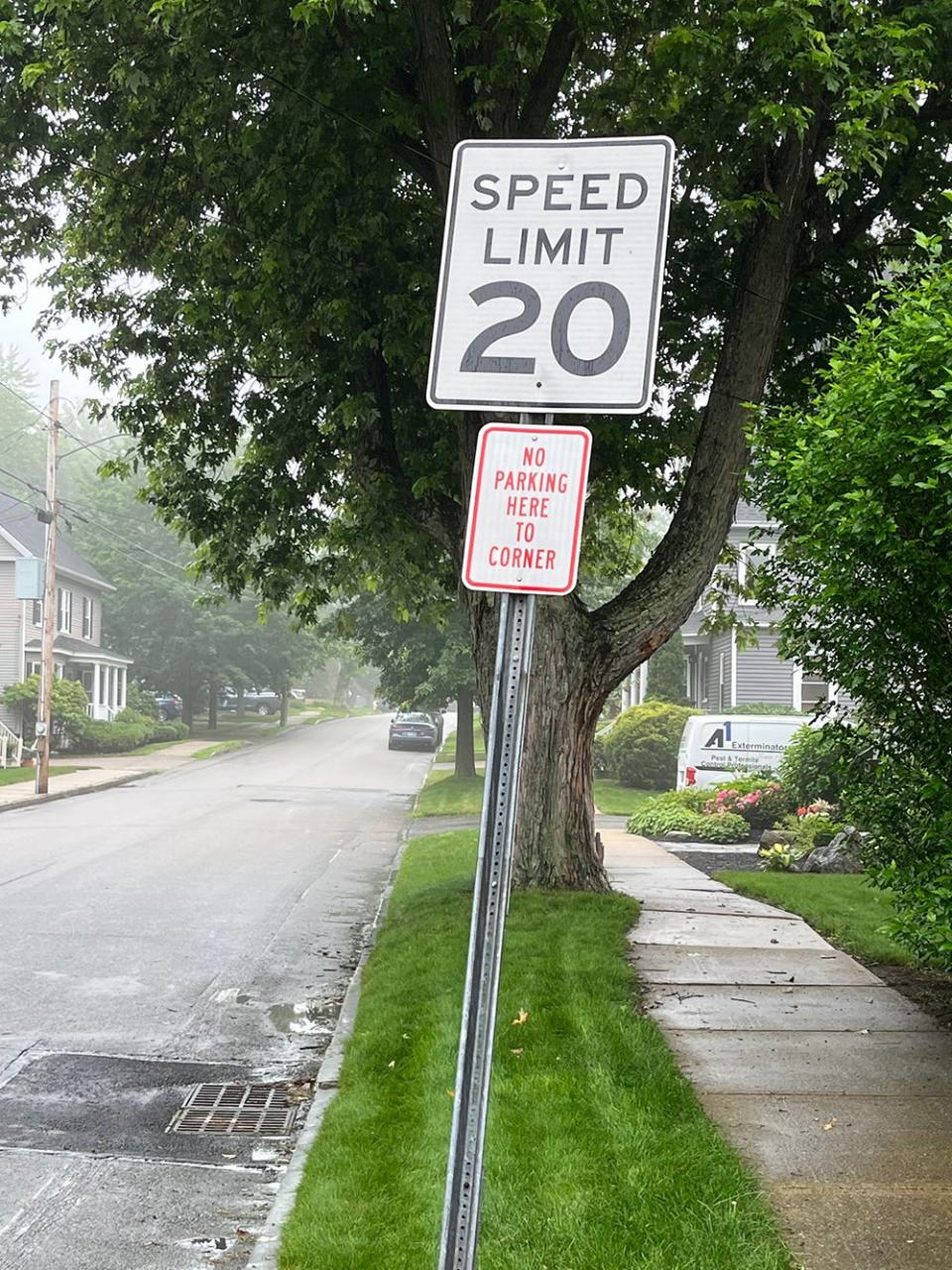 A speed limit of 20 mph is posted on Aldrich Road in Portsmouth, as seen Monday, July 10, 2023.