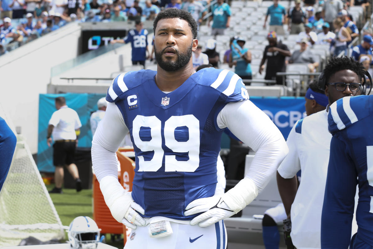 Indianapolis, Indiana, USA. 16th Oct, 2022. Indianapolis Colts defensive  lineman DeForest Buckner (99) during pregame of NFL football game action  between the Jacksonville Jaguars and the Indianapolis Colts at Lucas Oil  Stadium