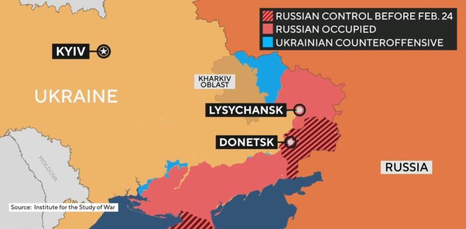 A map illustration based on information from the Institute of War shows ground within Ukraine that Russia occupied before the February 24, 2022 full-scale invasion, territory it seized during the current occupation of eastern parts of the country, and ground reclaimed in early September by a Ukrainian counteroffensive.  / Credit: CBS/Institute of War