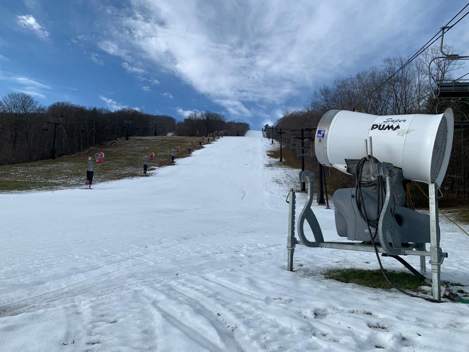 The view from the base of Bristol Mountain on December 3, 2023. Crews on the mountain have been making snow for skiers, but conditions have to be right to efficiently create and maintain the ski base.