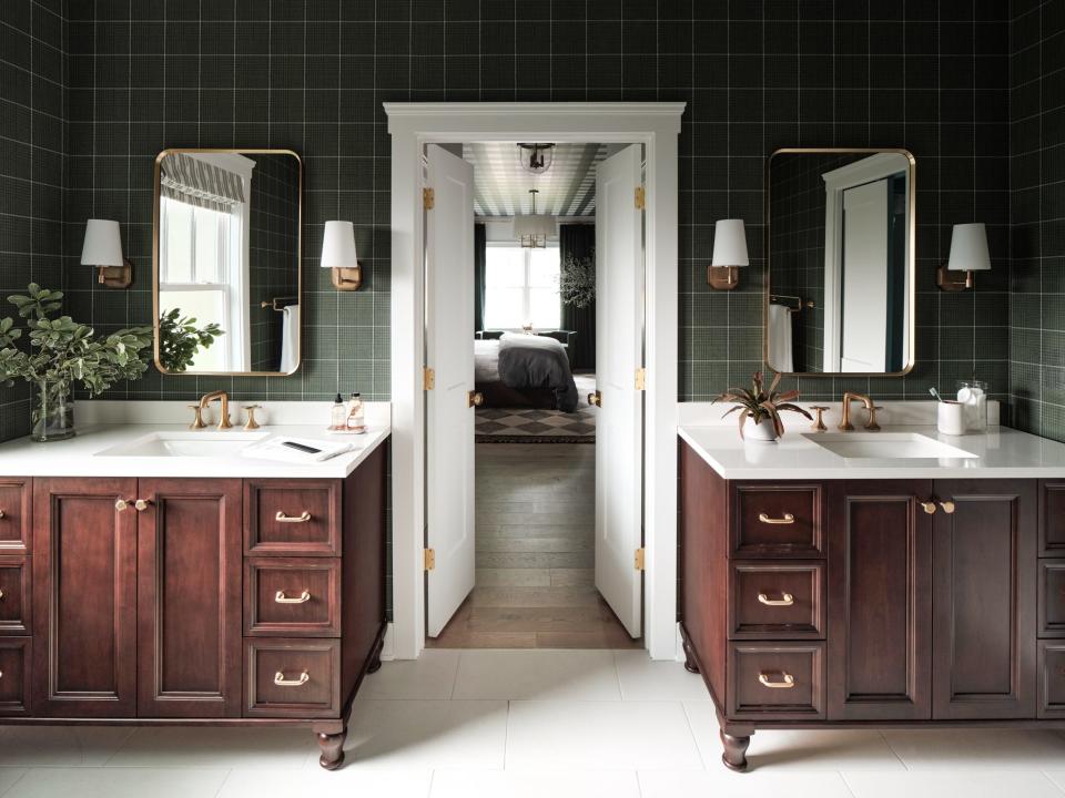 Built by Louisville’s Twin Spires Remodeling and decked out by HGTV interior designer Brian Patrick Flynn, the house is part of the HGTV Urban Oasis 2023 sweepstakes. Pictured here is the main bathroom's dual vanities.