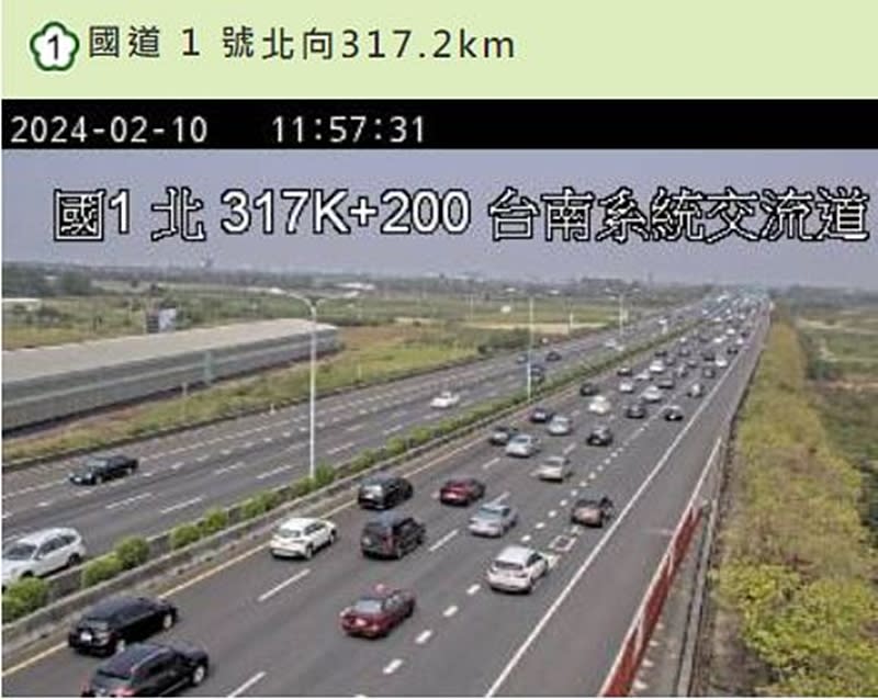 國道1號北向仁德至台南系統路段車多，回堵約10公里。（圖取自高速公路1968網站）