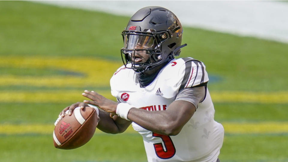 Louisville quarterback Malik Cunningham (3) plays against Pittsburgh during an NCAA college football game, Saturday, Sept. 26, 2020, in Pittsburgh. Cunningham and Georgia Tech’s Jeff Sims will be looking to cut down on interceptions and other problems that have left each team with two straight losses entering Friday night's, Oct. 9 game in Atlanta. (AP Photo/Keith Srakocic)