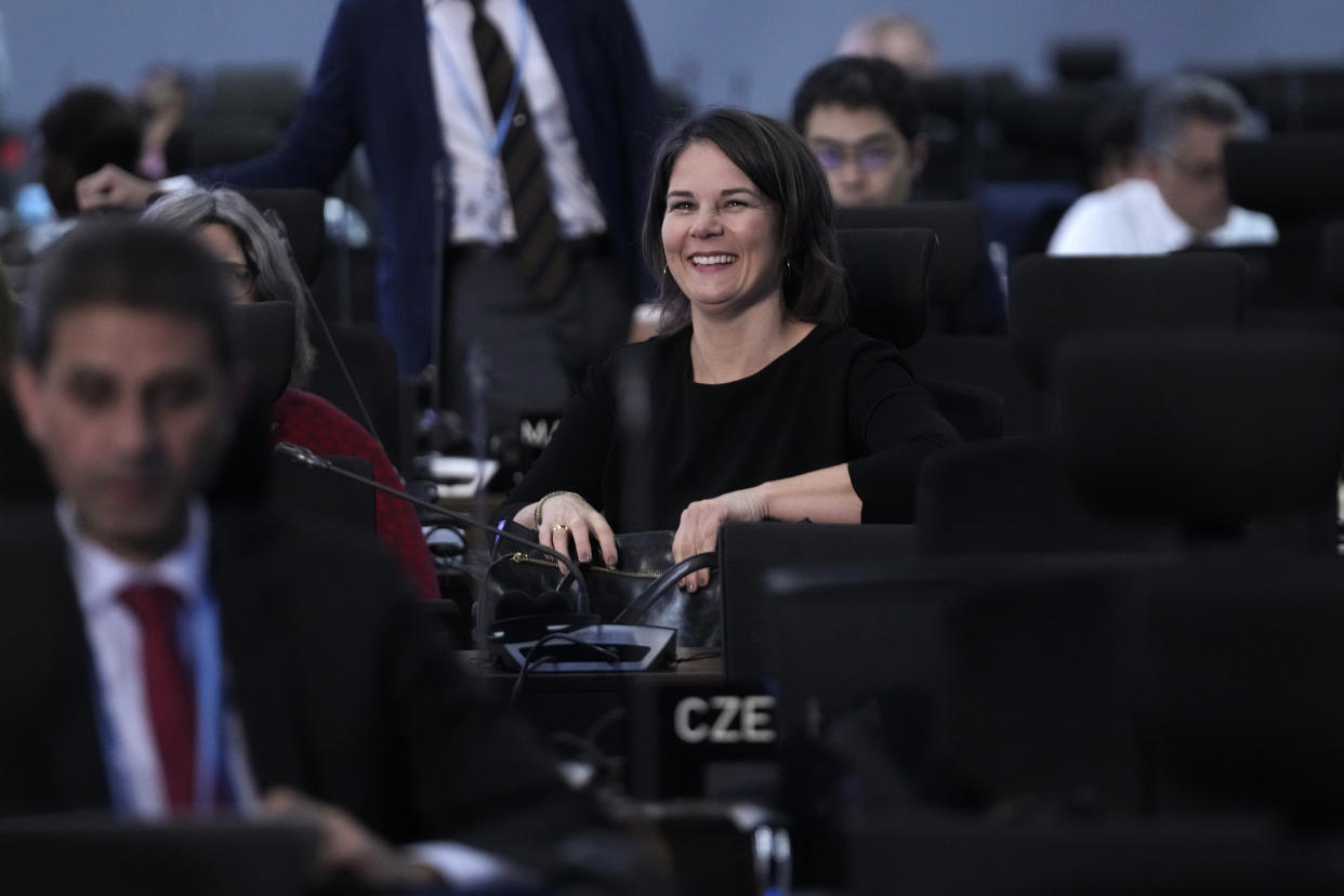 Germany's Foreign Minister Annalena Baerbock sits as a closing plenary session begins at the COP27 U.N. Climate Summit, Sunday, Nov. 20, 2022, in Sharm el-Sheikh, Egypt. (AP Photo/Peter Dejong)