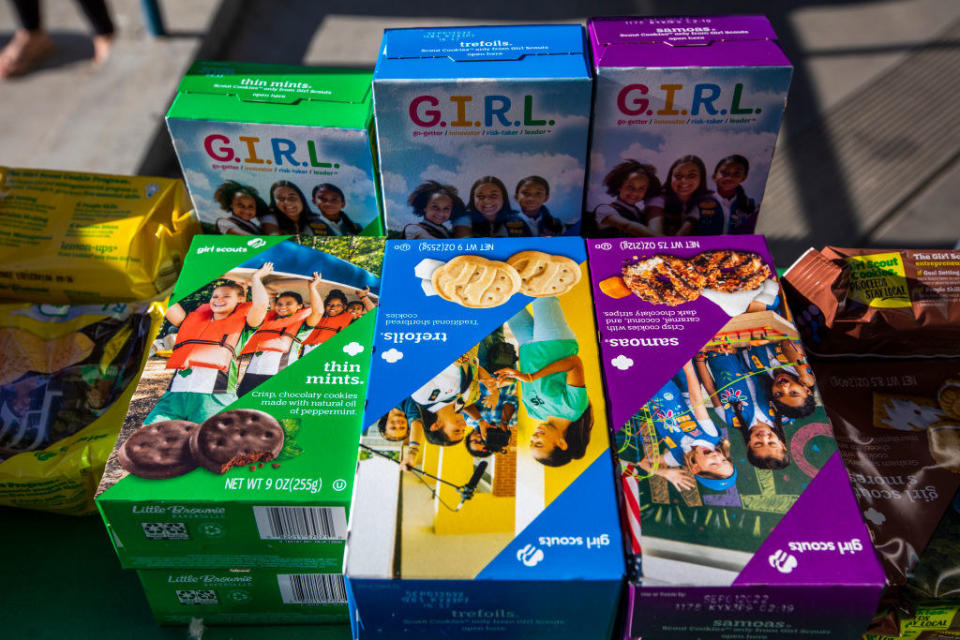 Boxes of Girl Scout Cookies.