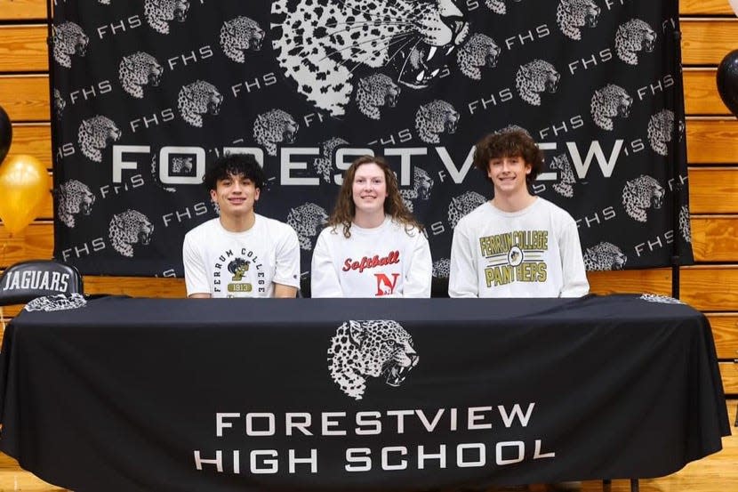 Forestview athletes (left to right) Nico Aguilar (football, Ferrum), Blair Riley (softball, Newberry) and Jaxson Hill (football, Ferrum) signed a National Letter of Intent to their college of choice Feb. 7, 2024.