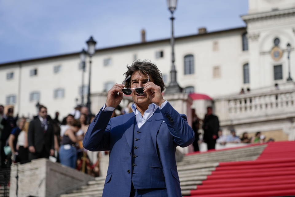 Actors Tom Cruise poses for photographers on the red carpet of the world premiere for the movie "Mission: Impossible - Dead Reckoning" at the Spanish Steps in Rome Monday, June 19, 2023. (AP Photo/Alessandra Tarantino)