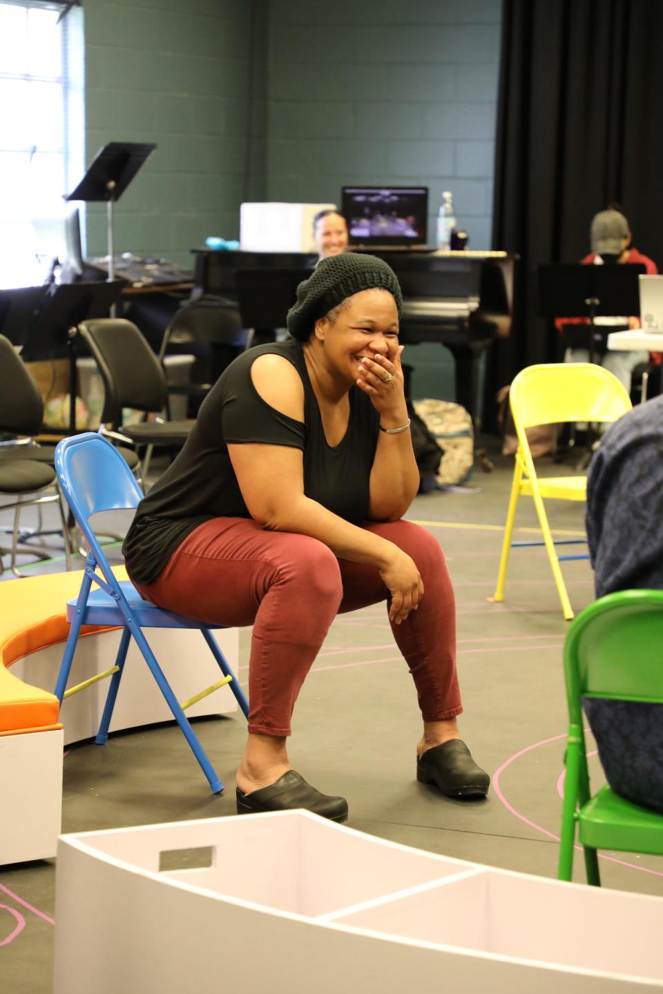 Jasmine Bracey reacts during a rehearsal of “Eureka Day” by New College grad Jonathan Spector at Asolo Repertory Theatre.